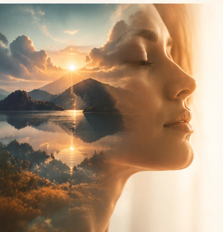 Representação artística de uma pessoa em estado de serenidade, com paisagem ao pôr do sol