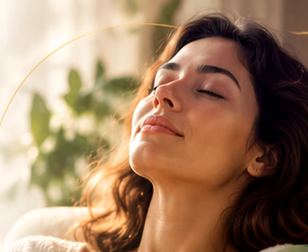 Mulher de olhos fechados em um ambiente tranquilo, representando serenidade e relaxamento